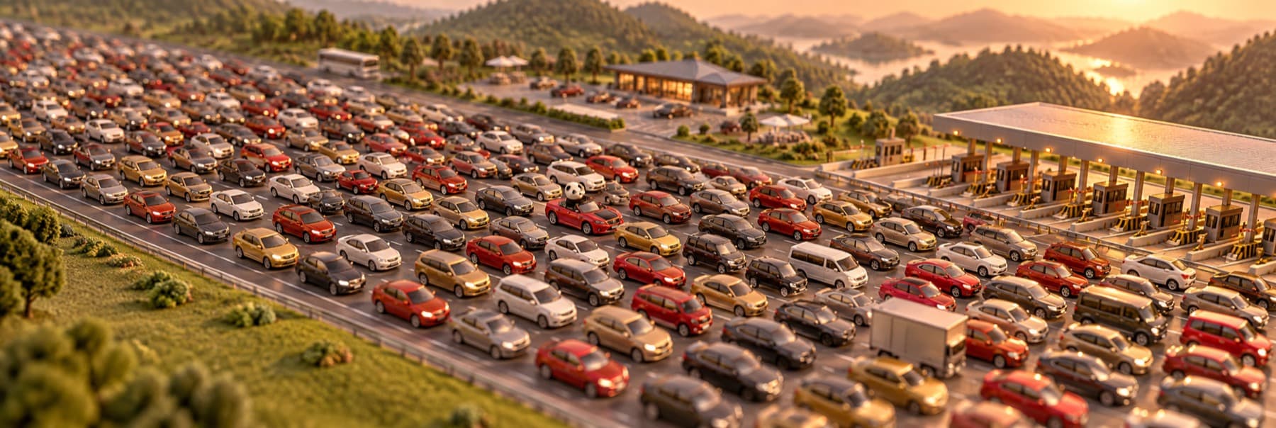 A toy panda in a red convertible stuck in a giant miniature traffic jam
